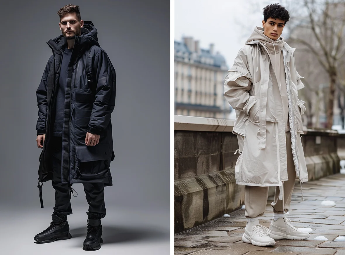 Model in a long beige techwear parka with a hood, standing on steps, paired with black pants and white sneakers, representing the urban techwear style