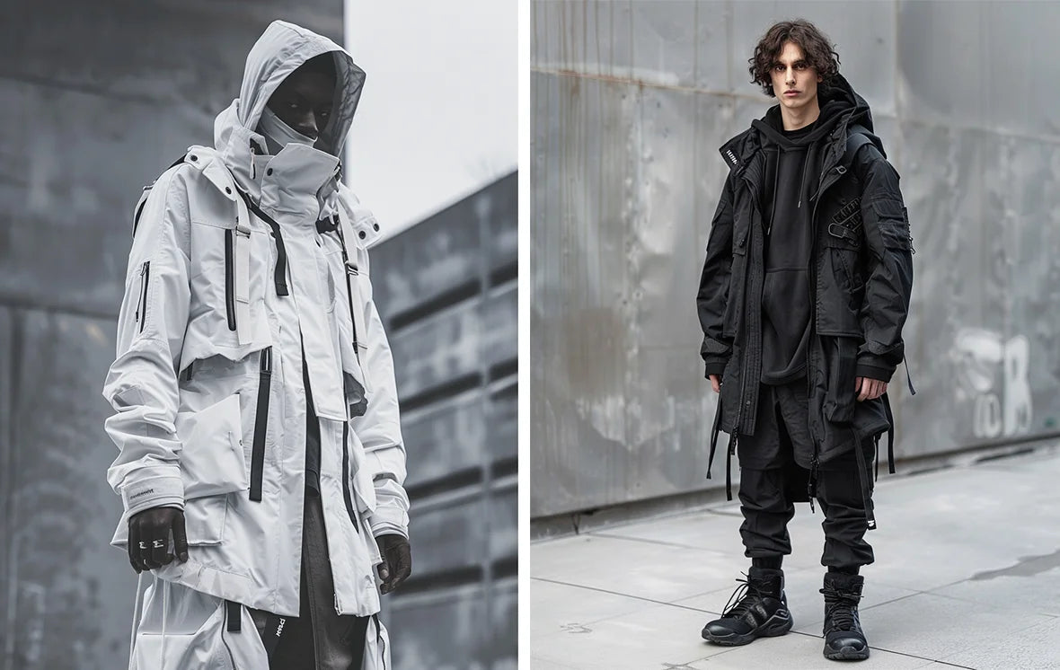 Two models in techwear parkas, one in a beige parka and the other in a black parka, emphasizing the sleek and functional design of techwear fashion.