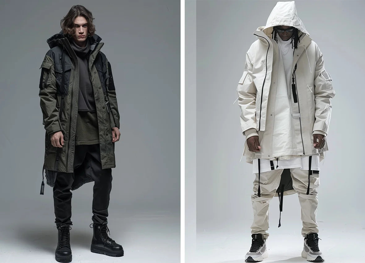 Model in a white techwear parka with multiple zippers and pockets, showcasing a futuristic and stylish design.