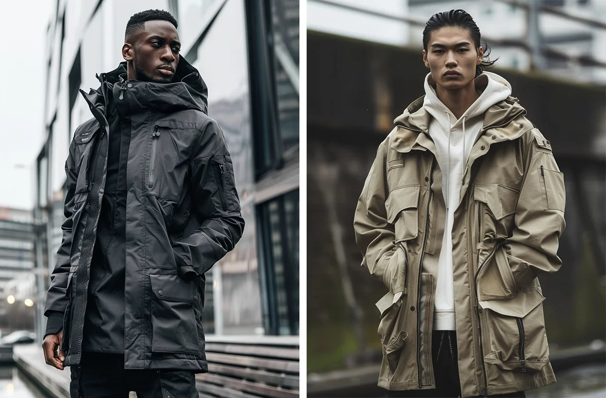 Two models in techwear parkas, one in a white parka and the other in a black parka, illustrating the contrast and versatility of techwear outerwear.