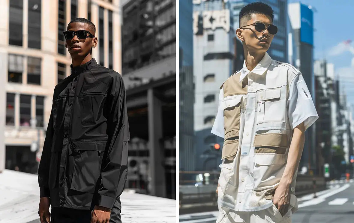 black man black techwear shirt and an asian man in white Techwear shirt