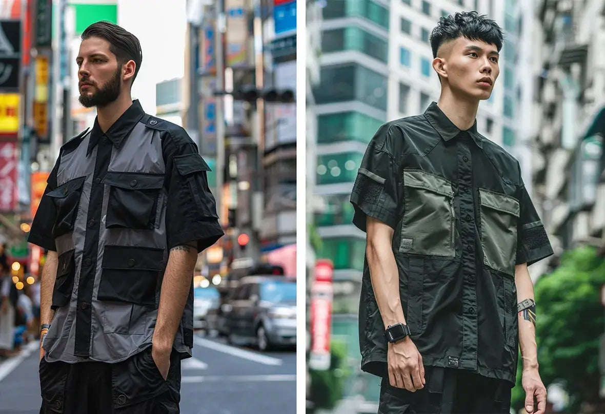 2 men in black and grey Techwear shirts