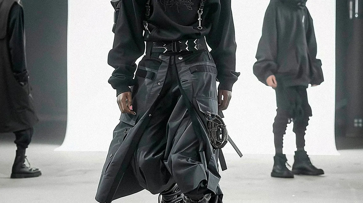 man wearing a techwear skirt during a runway