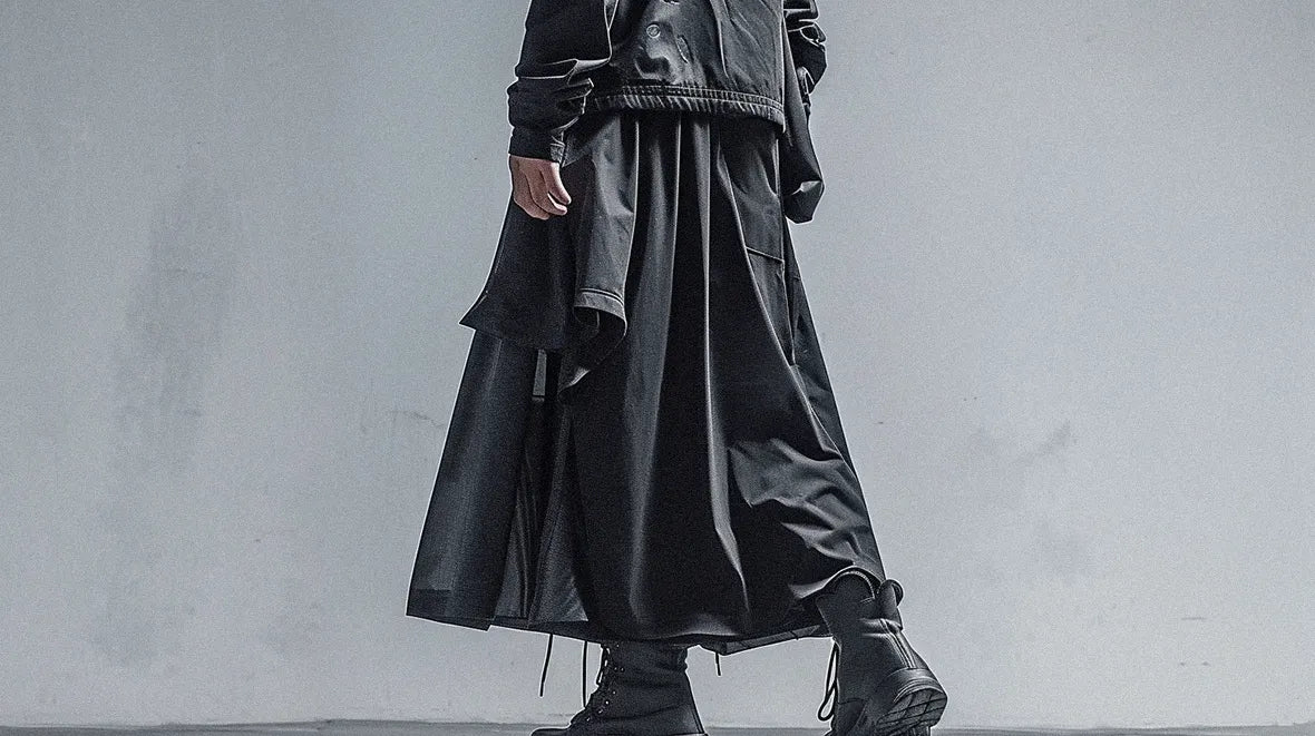 man wearing a techwear skirt