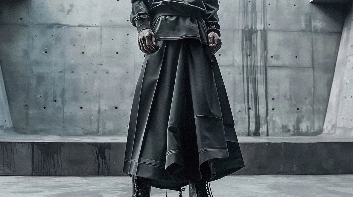 man wearing a techwear skirt