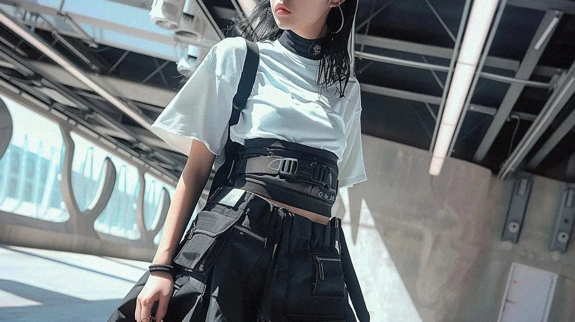 a girl wearing a Techwear Skirt