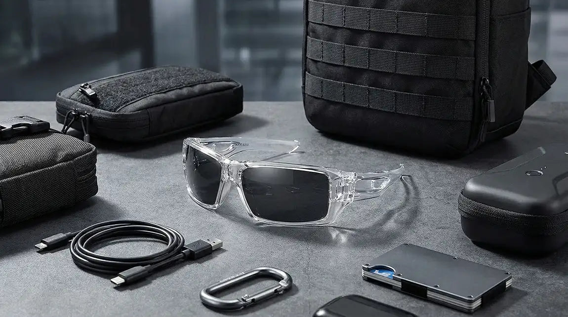 Clear frame techwear sunglasses with dark lenses laid on concrete surface beside tactical backpack and tech accessories