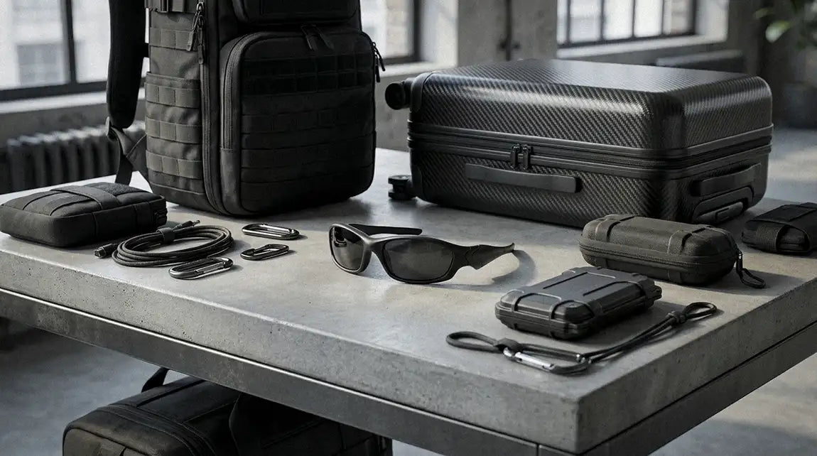 Techwear sunglasses collection displayed on concrete table with tactical bag carbon fiber luggage and urban EDC accessories