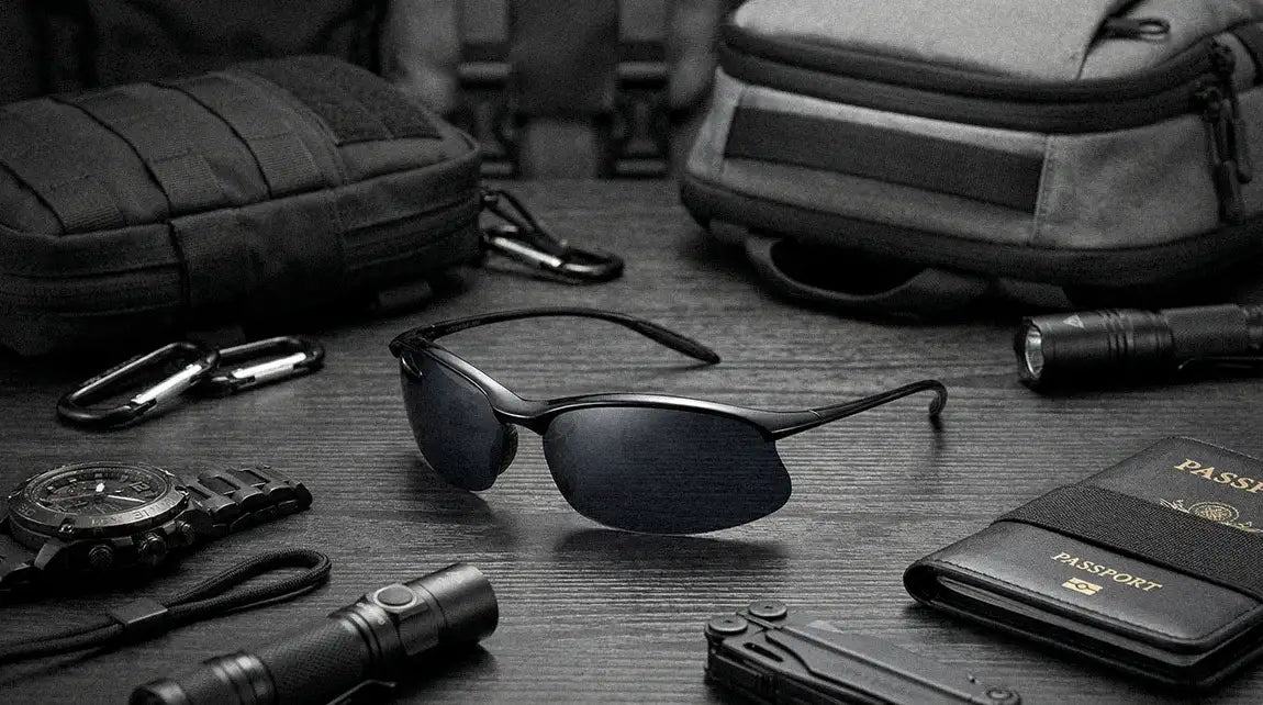 Black techwear sunglasses with mirror lenses displayed on dark surface with tactical EDC gear including flashlight and carabiner