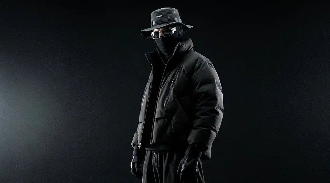 Full techwear outfit with futuristic silver sunglasses bucket hat face mask and puffer jacket for complete cyberpunk streetwear look