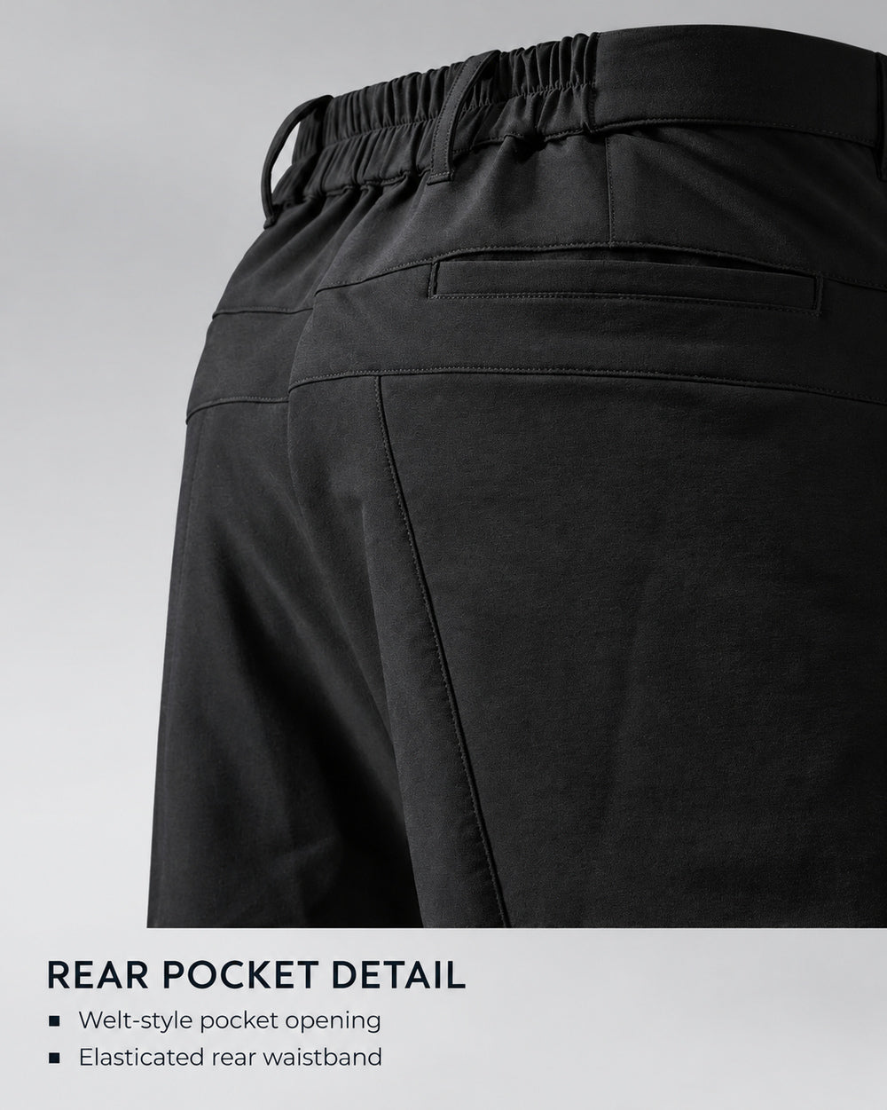 Techwear trousers "Kaoru" in black, rear pocket detail