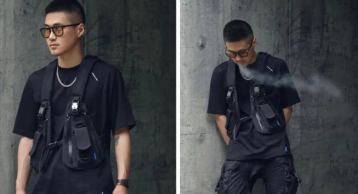 two men wearing techwear vest