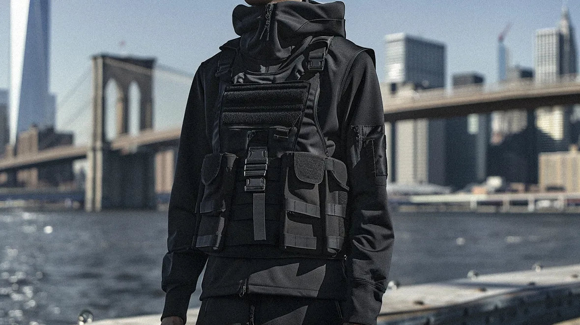 techwear outfit and a tactical vest with new york in background