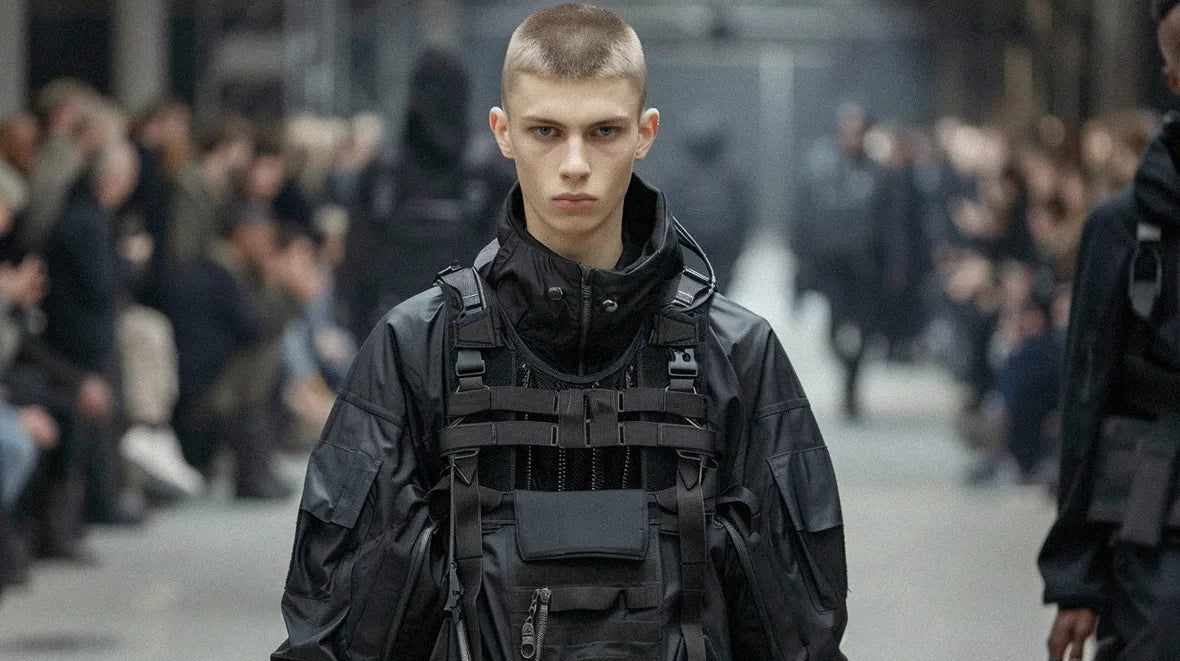 a blonde guy in techwear vest during a runway