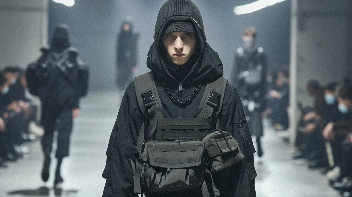 a man in techwear vest during a runway