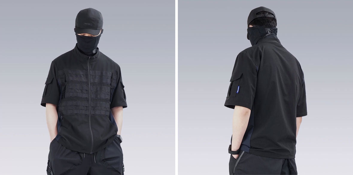 two men wearing a techwear shirt