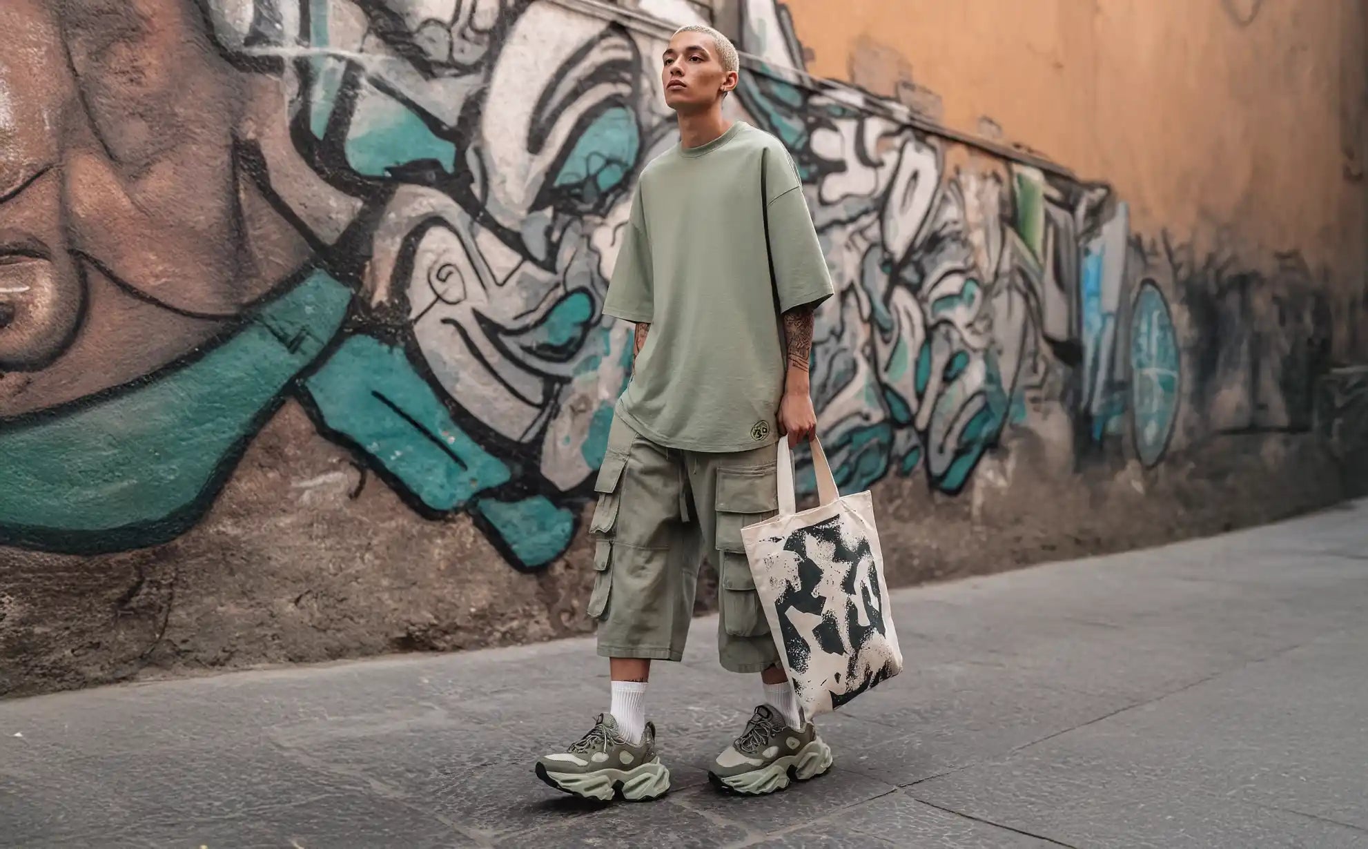 young man in y2k style with tote bag