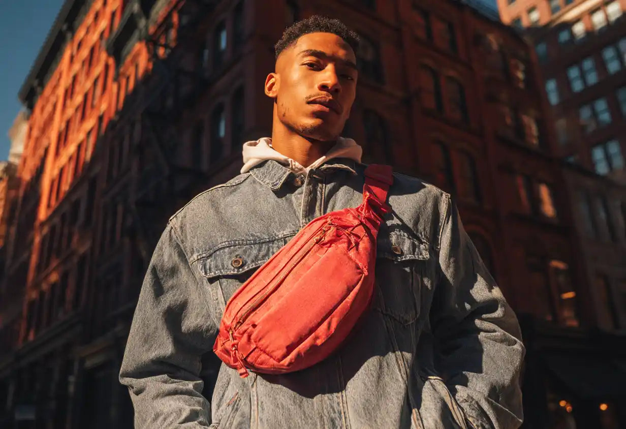 black man wearing fanny pack in red color