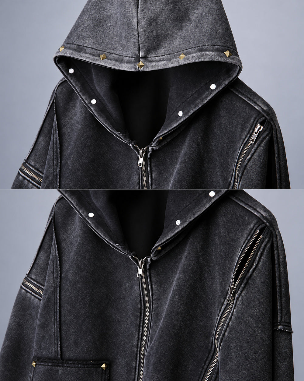 Vintage hoodie "Yosu" in black, studded hood and shoulder zipper details