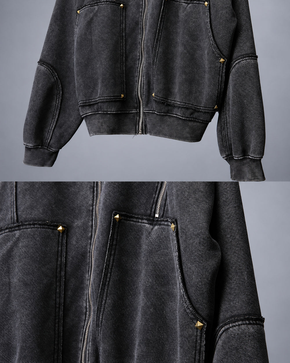 Vintage hoodie "Yosu" in black, patch pockets, cuffs and lower hem details