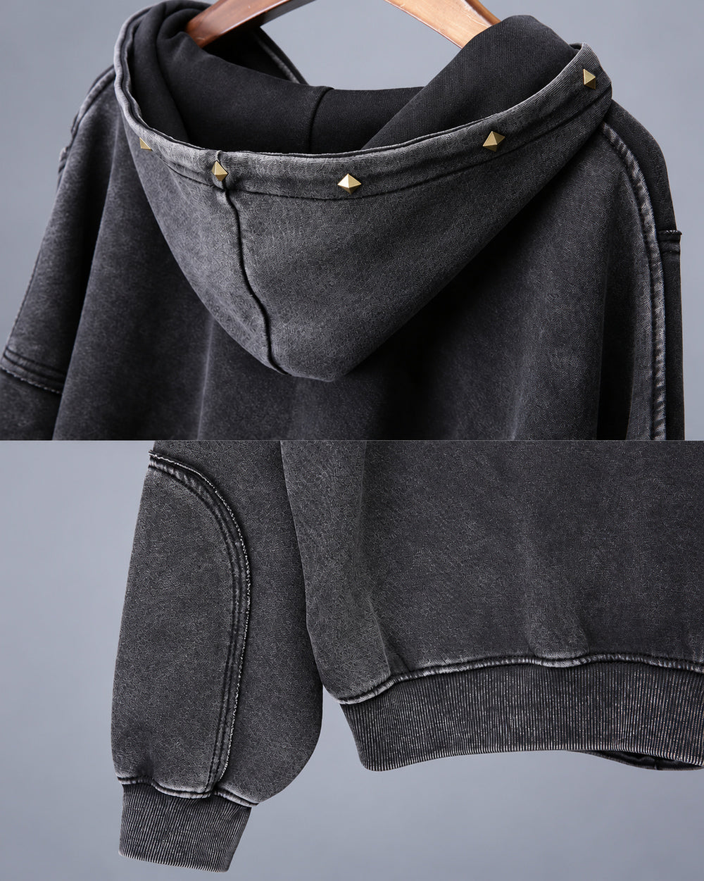Vintage hoodie "Yosu" in black, rear hood and sleeve construction details
