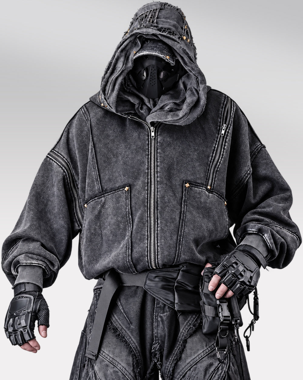 Vintage hoodie "Yosu" in black, front worn view