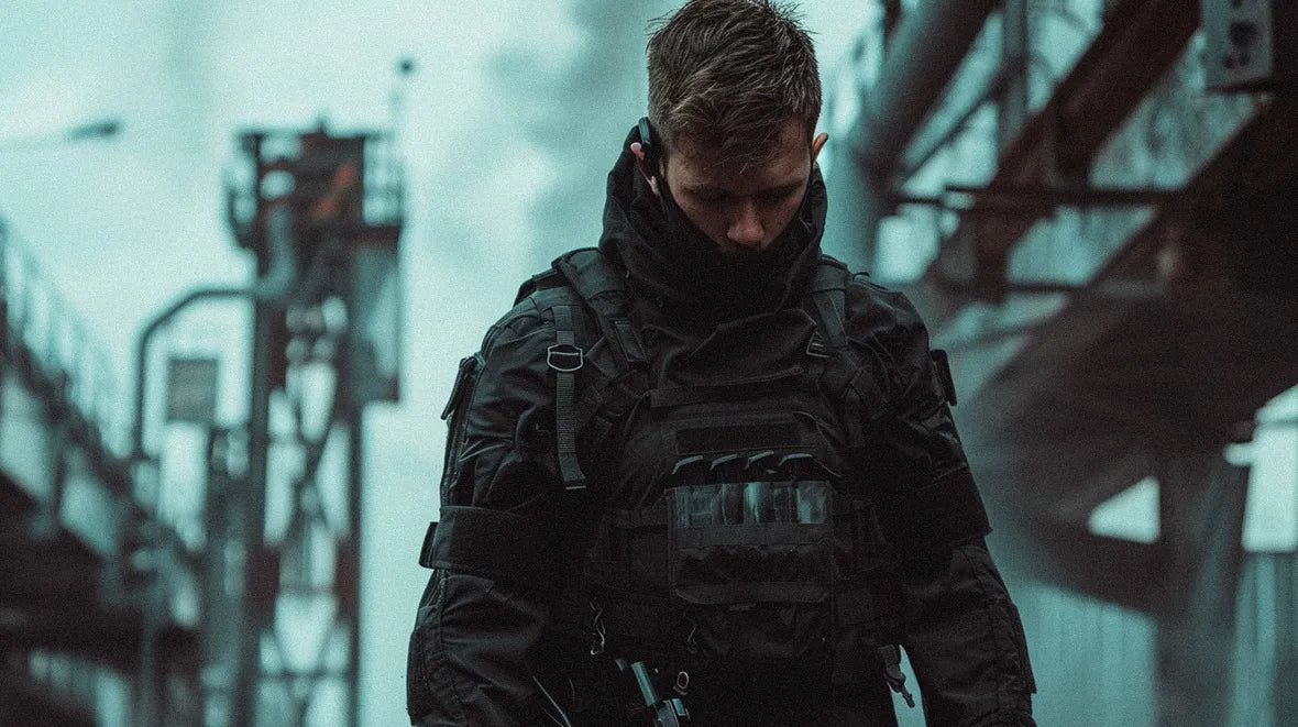 Young man in a warcore vest against an industrial backdrop.