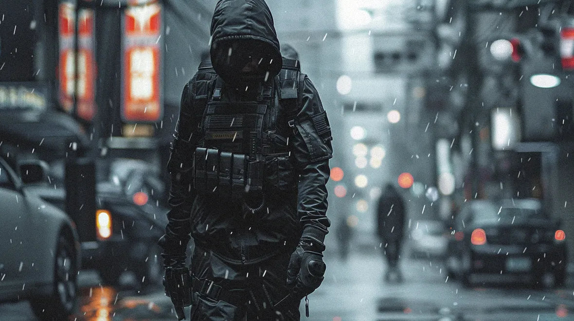 man walking in the street in Warcore Clothing