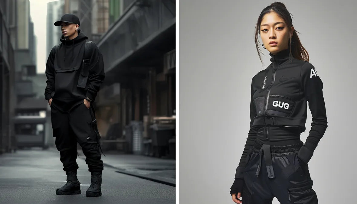 a ligthskin man and an asian woman in warcore outfit