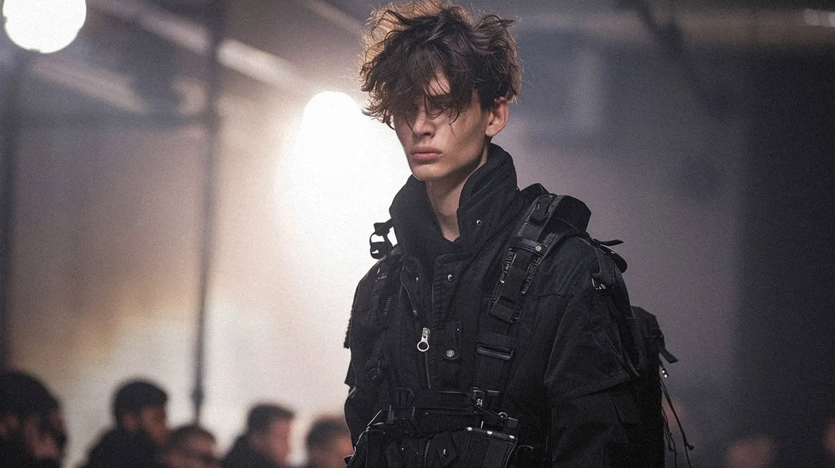 a man in warcore outfit during a runway