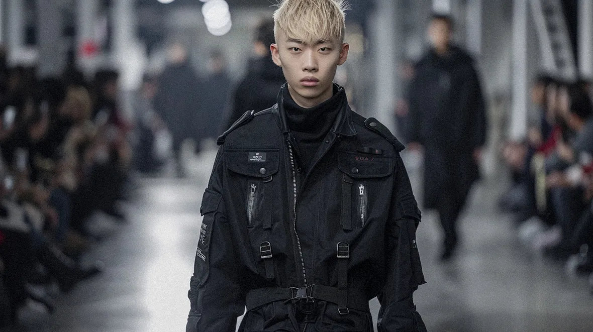 a blonde asian man in warcore outfit