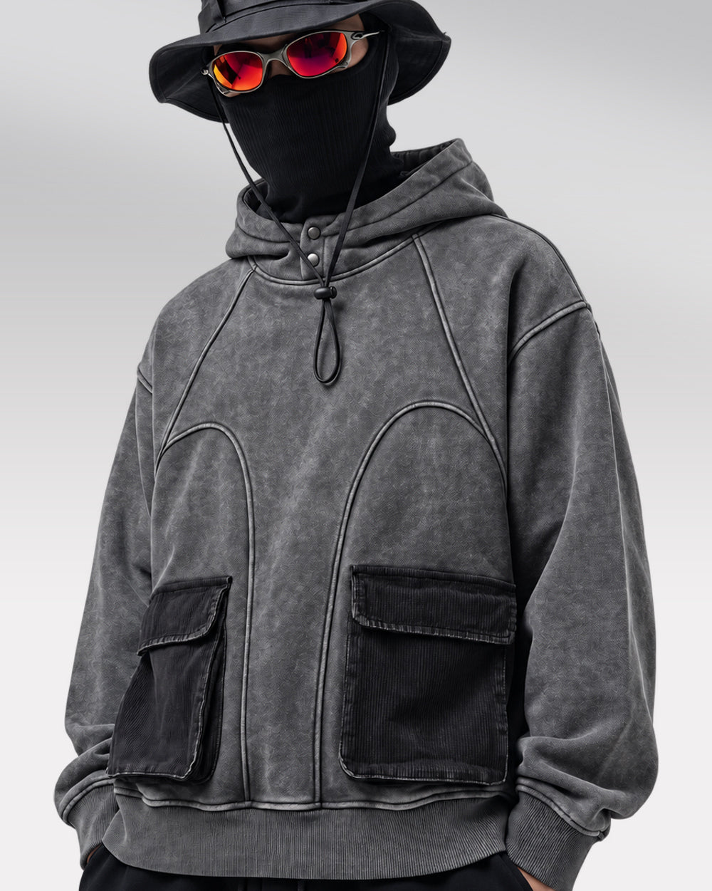 Washed Hoodie "Kiryu", gray hoodie worn, three-quarter front