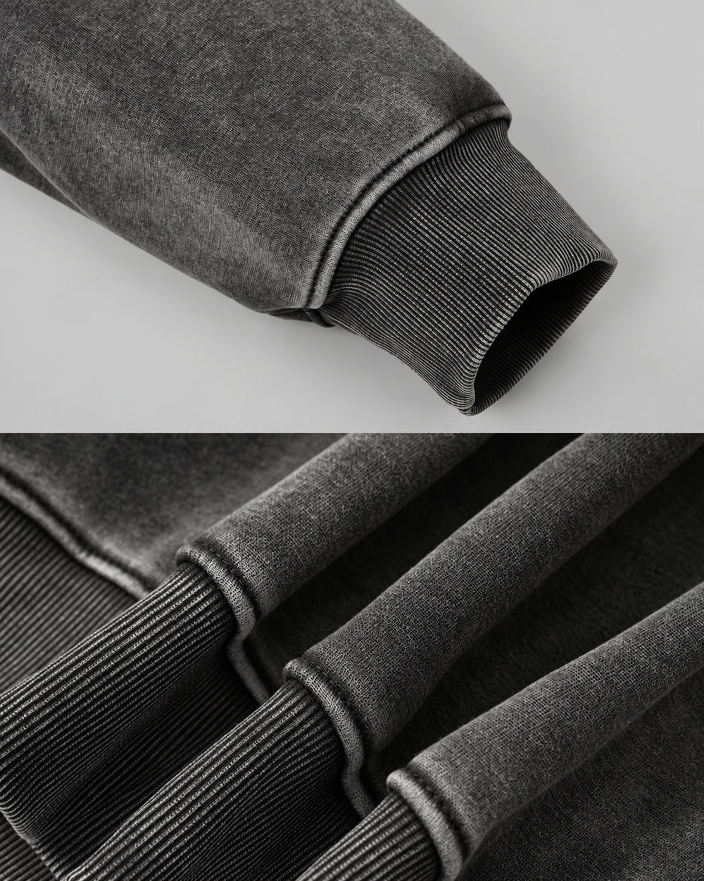 Washed Hoodie "Kiryu", gray ribbed cuffs and hem details