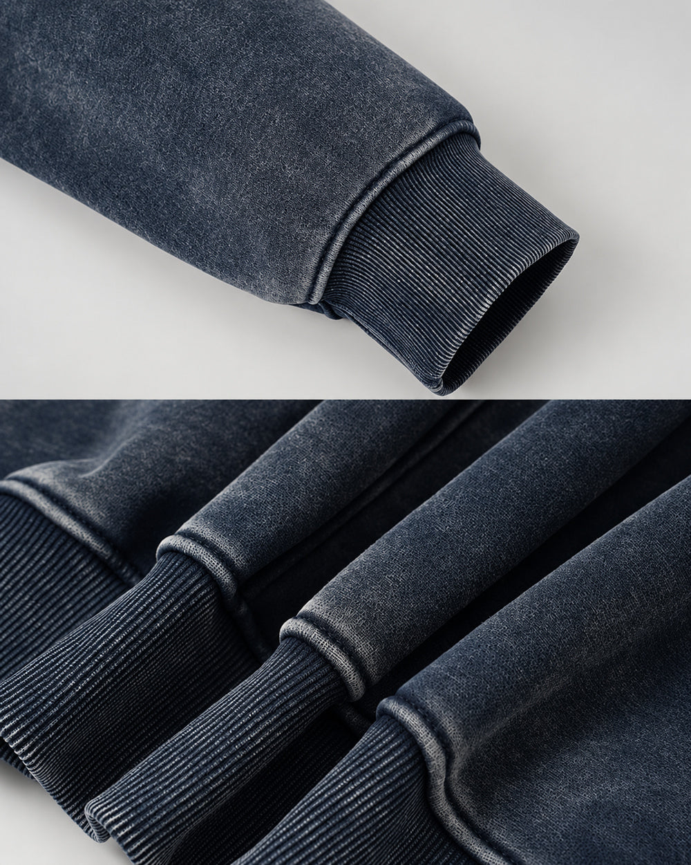 Washed Hoodie "Kiryu", blue ribbed cuffs and hem details