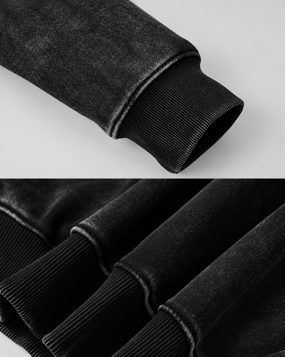 Washed Hoodie "Kiryu", black ribbed cuffs and hem details