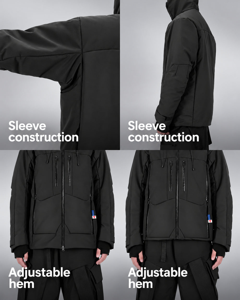 Waterproof Puffer Jacket Hinohe in black - sleeve construction and adjustable hem