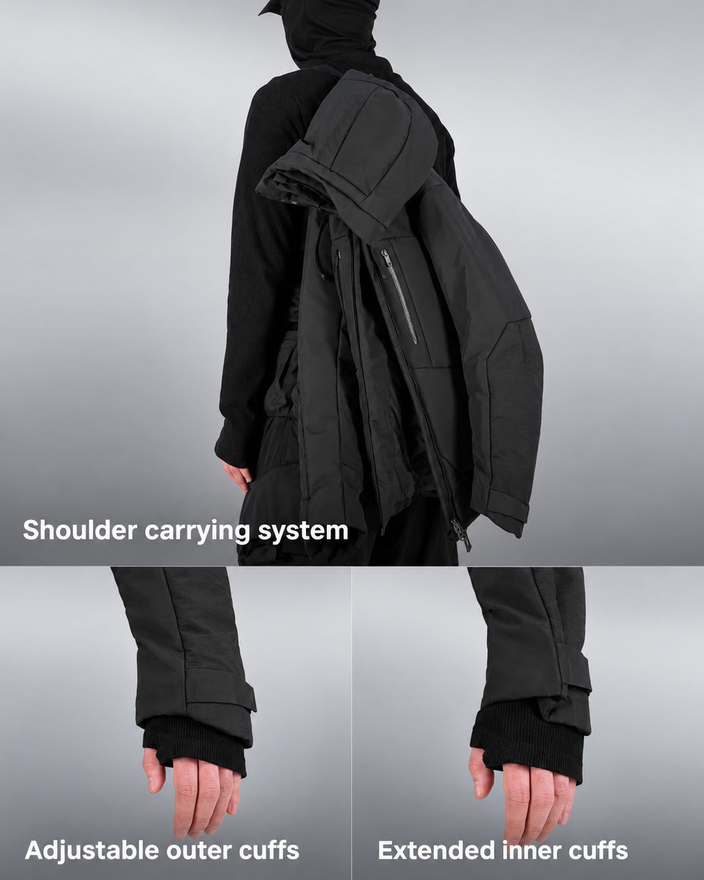 Waterproof Puffer Jacket Hinohe in black - shoulder carrying system and windproof cuffs