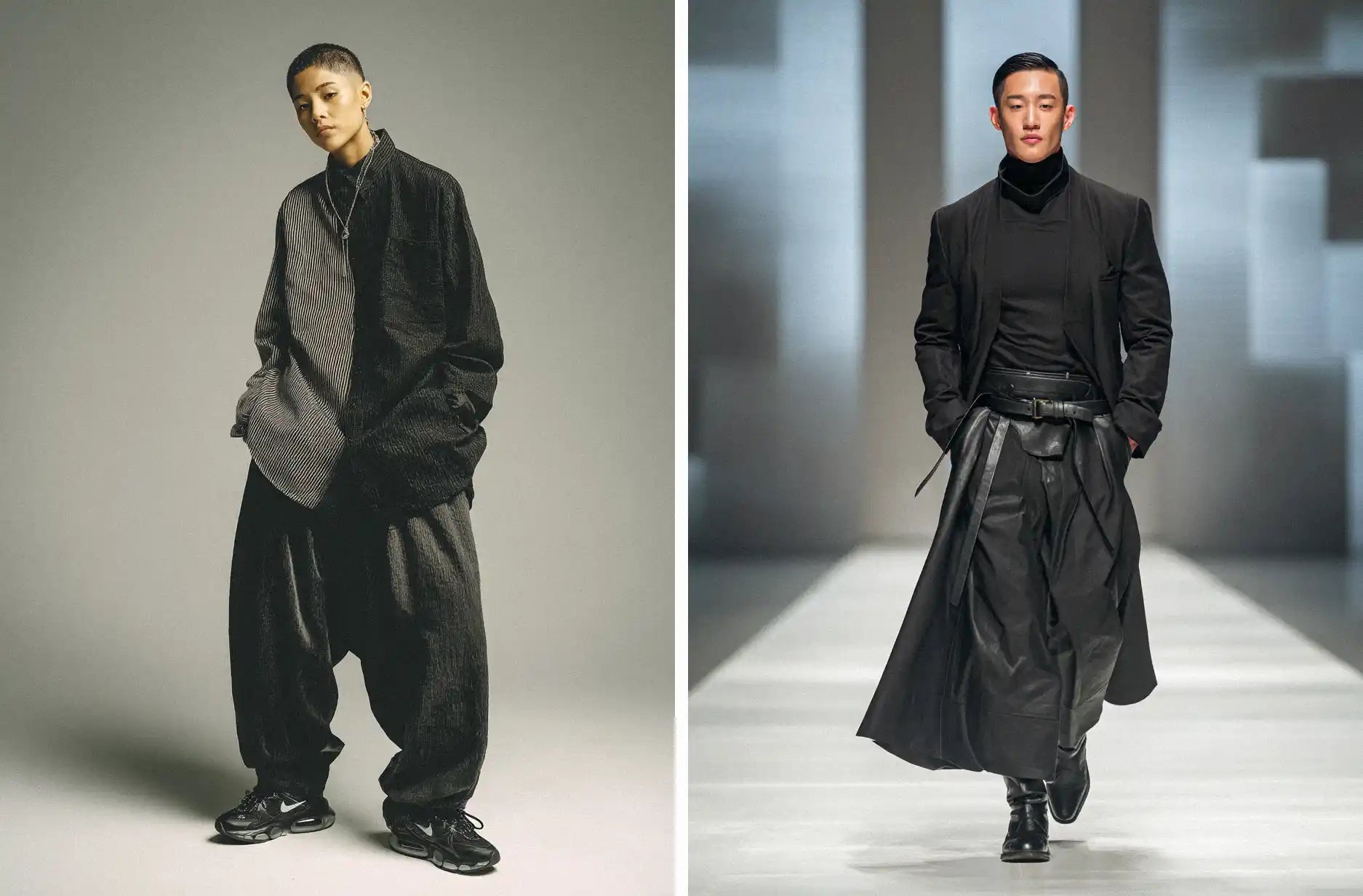 Modern androgynous styling featuring hakama pants paired with a split-tone shirt.