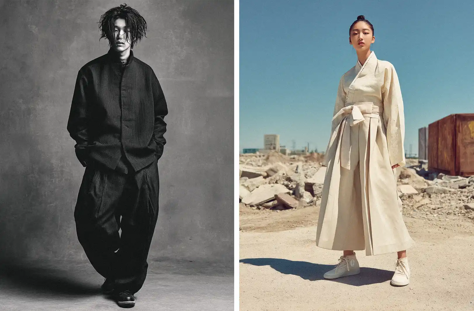 Traditional and modern interpretations of hakama pants, including a structured dark outfit and a light, flowing ensemble.