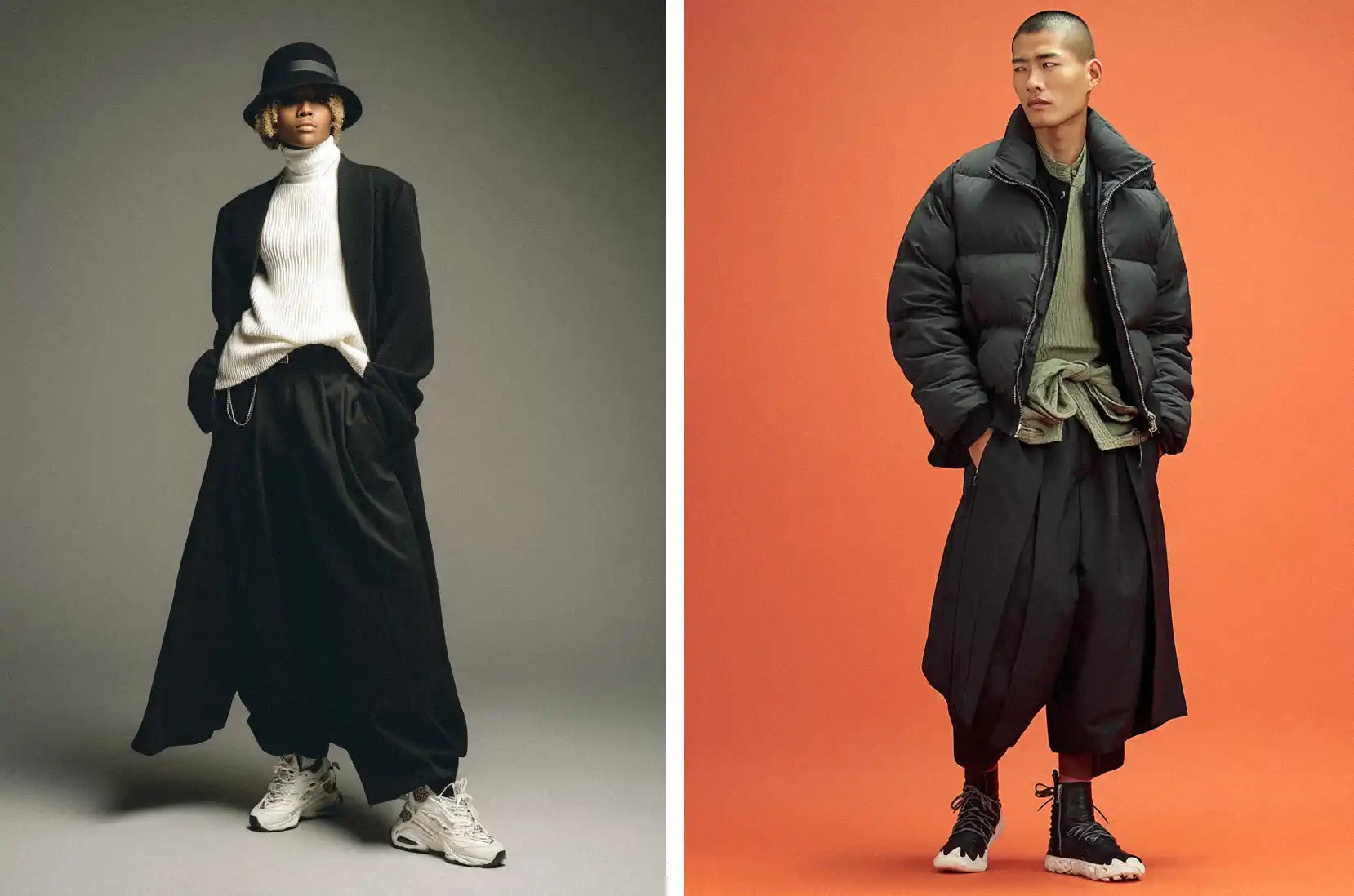 Winter-ready and layered looks featuring hakama pants, including a white turtleneck under a long coat and a black puffer jacket.