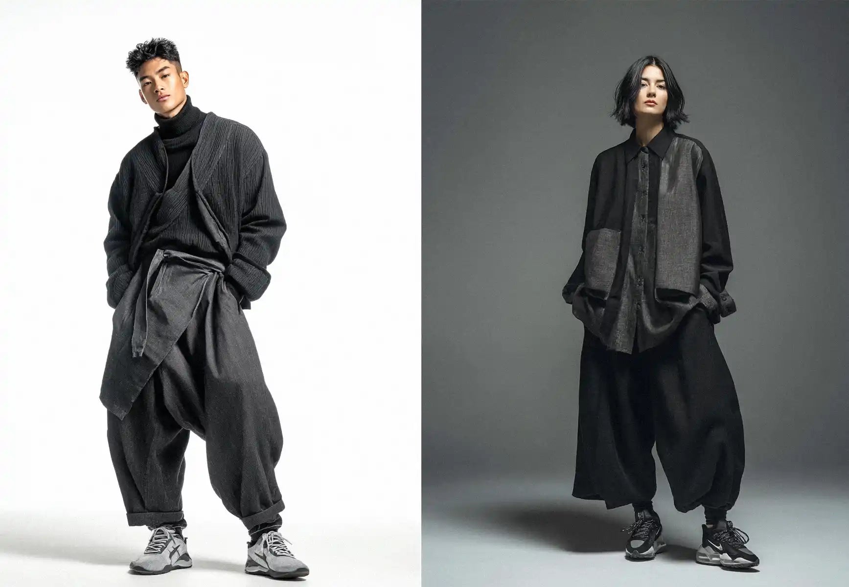 Contemporary outfits demonstrating various ways to wear hakama pants with layered tops and sneakers.