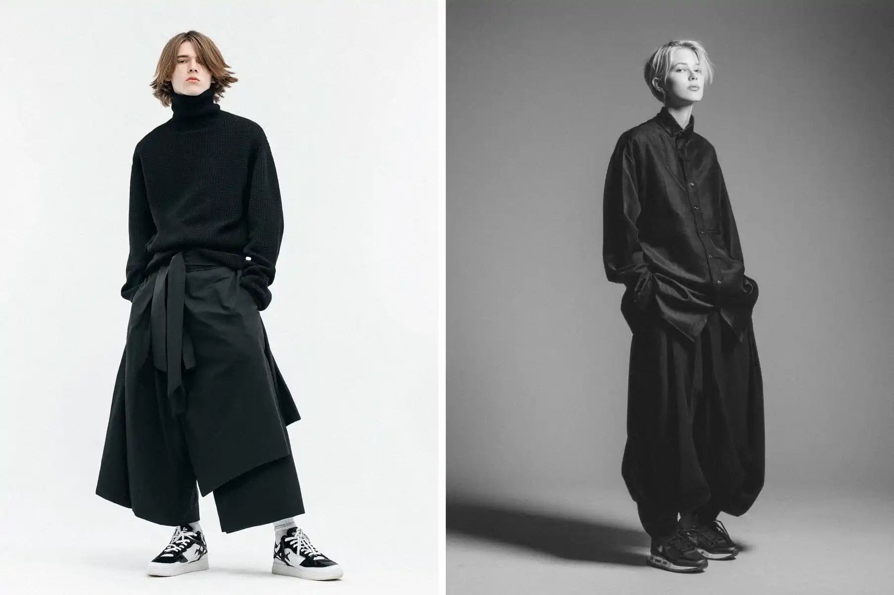 Dark and minimalist ensembles with wide-leg hakama pants and contemporary footwear.