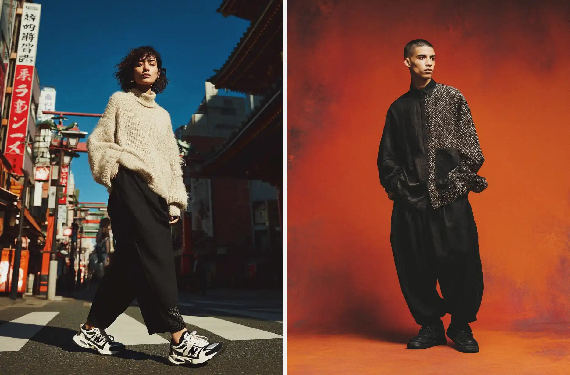 Fashion-forward outfits featuring hakama pants, including a chunky knit sweater and a patterned shirt, with "ugly sneakers."