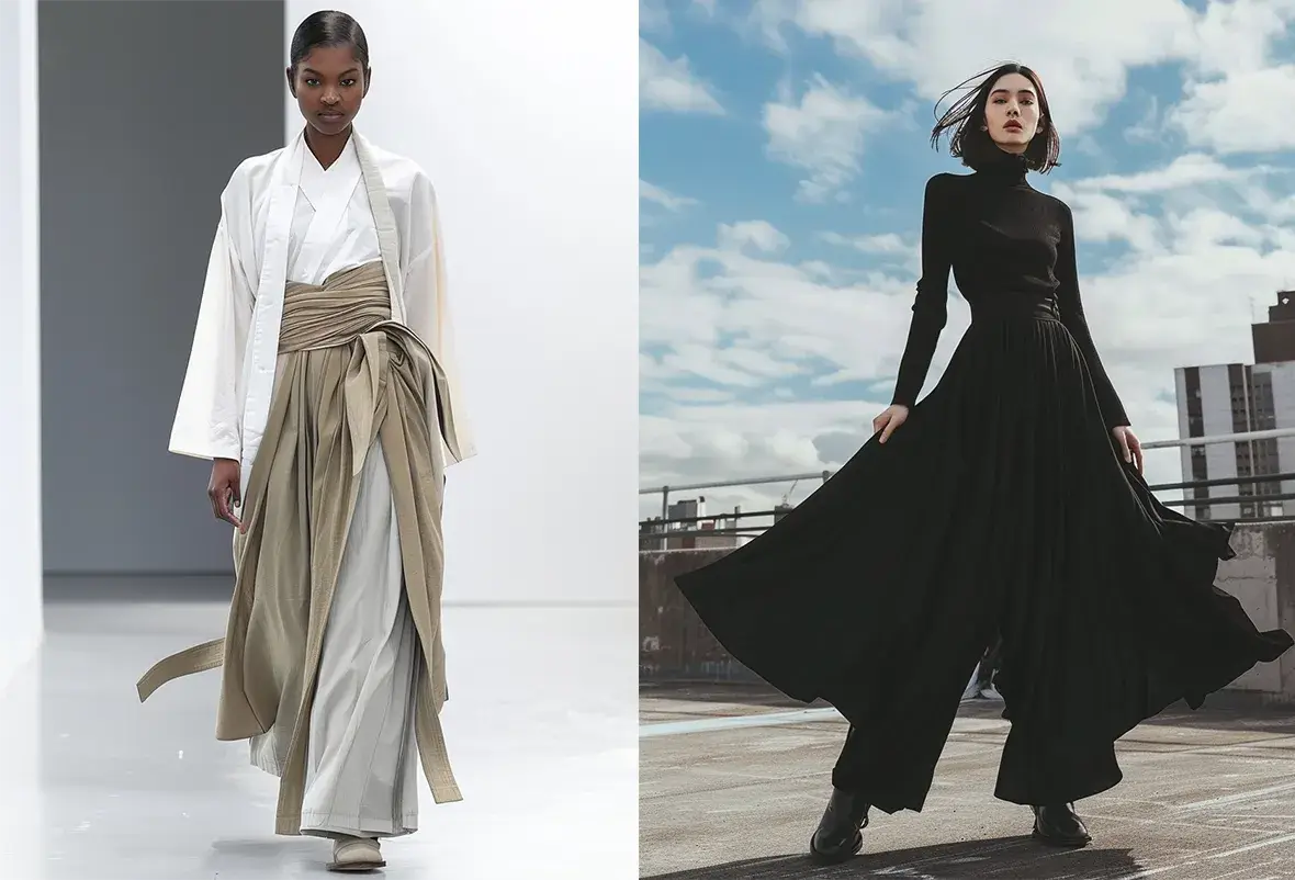 The left model wears a white sleeveless wrap top paired with flowing black pants, exuding a modern Japanese-inspired elegance. The right model dons an all-black sleeveless ensemble with layered wide-leg pants and striking metallic details, capturing a bold and edgy vibe.