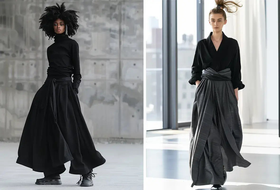 On the left, a model in a fitted black turtleneck pairs it with high-waisted black wide-leg pants, balancing sleekness with comfort. On the right, a runway model stuns in a layered black hakama-inspired outfit