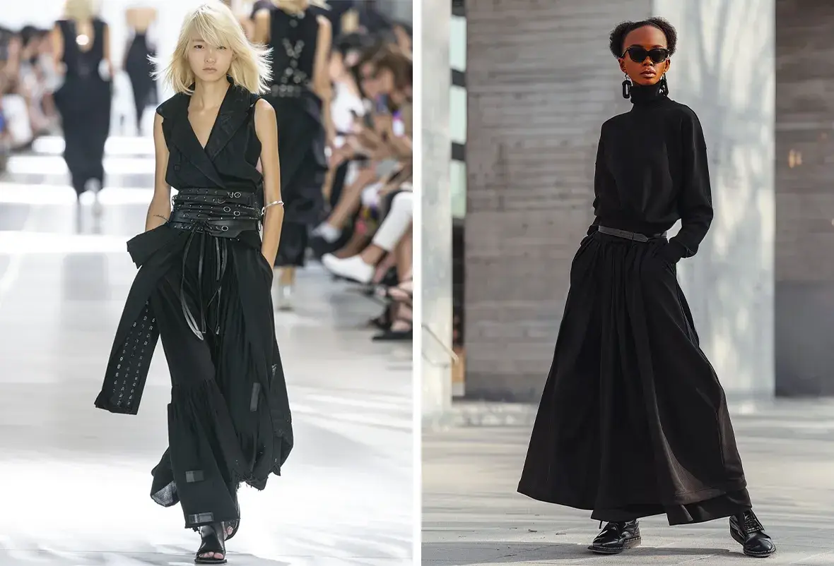 The left model wears a chic monochromatic black outfit, highlighted by a structured blouse and a wide, elegant bow belt. The right model pairs a black turtleneck sweater with voluminous wide-leg pants for a casual yet sophisticated streetwear look.