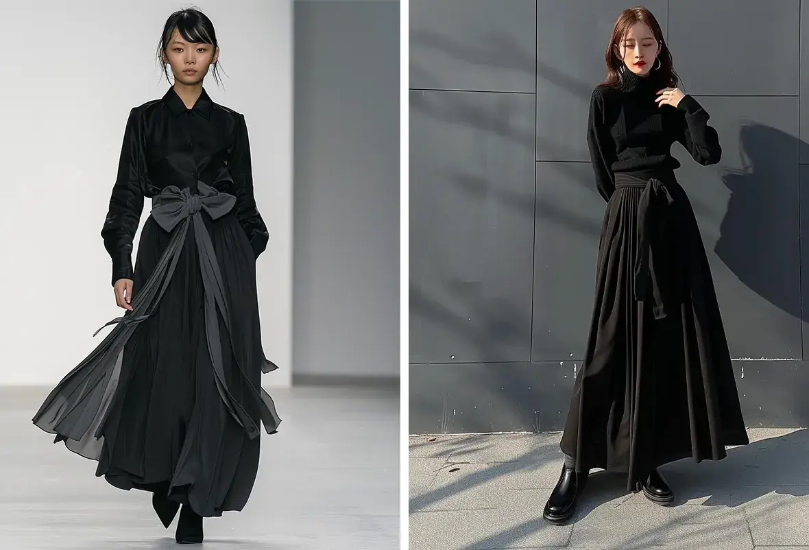 The left runway model captivates with a belted sleeveless black outfit featuring asymmetrical layers and textured details. On the right, a streetwear-inspired ensemble combines a high-neck sweater with high-waisted wide-leg pants, perfect for a modern urban aesthetic.