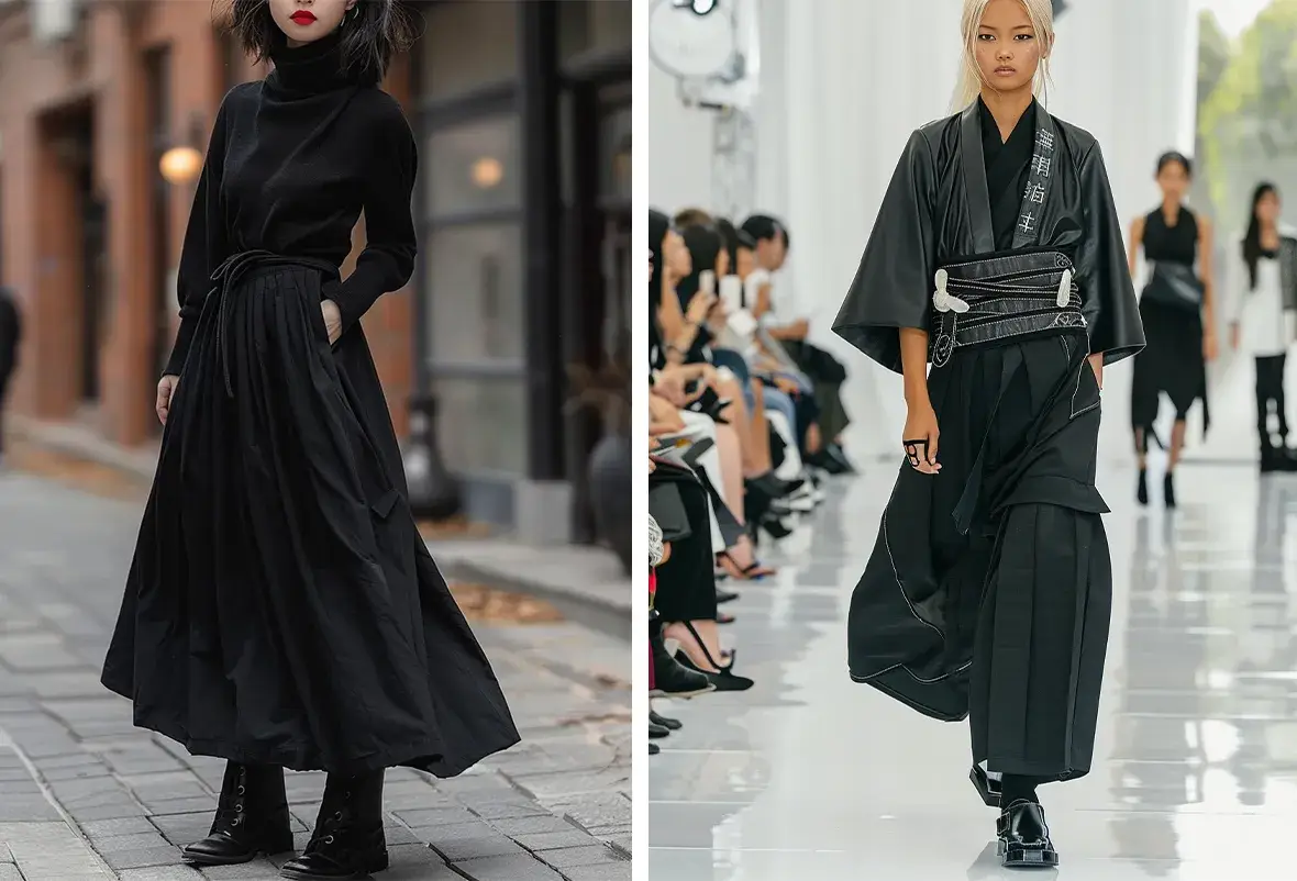 The left model exudes avant-garde style in a structured black top and grey hakama pants tied with an intricate obi belt. On the right, a model rocks a full black outfit, blending oversized wide-leg pants with chunky sneakers, channeling effortless cool.