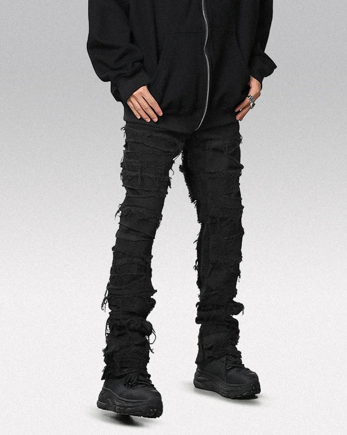 Mens Denim Black Ripped Loose Jeans Baggy Black Distressed Denim