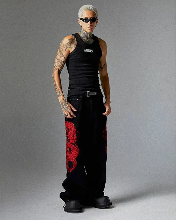 man wearing the Y2k embroidered jeans "Shiron"